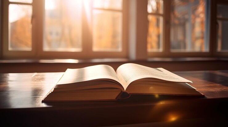 Fondo del libro Libro abierto borroso sobre una mesa en una universidad Ai generativo