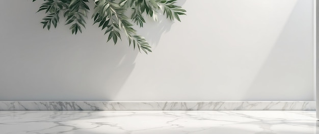 Fondo ligero minimalista con sombra de follaje borrosa en una pared ligera Bonito fondo para la presentación con con suelo de mármol