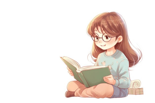 Fondo lindo del estilo del anime del libro de lectura de la mujer joven