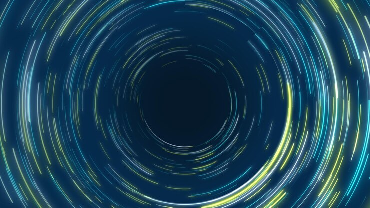 Foto fondo de líneas radiales circulares azules y amarillas abstractas flujo de datos