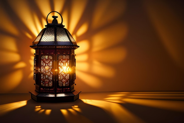 Fondo de linterna brillante de Ramadan Kareem Eid Mubarak para con banner de espacio de copia IA generativa