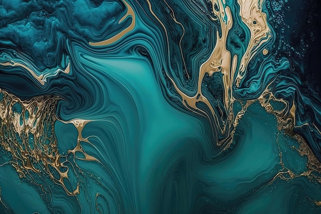 Un fondo con un líquido abstracto que es predominantemente de color azul y dorado. El líquido se compone de líneas y formas arremolinadas que crean una sensación de movimiento y energía. IA generativa.