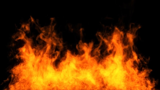 Fondo de llama de fuego. Llamas de fuego ardientes realistas con humo sobre fondo negro.