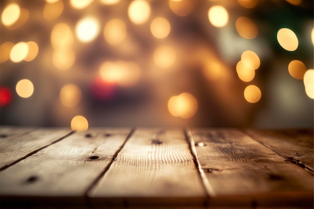 Fondo de luces borrosas de mesa de Navidad, escritorio de madera en foco, tablón de madera de Navidad