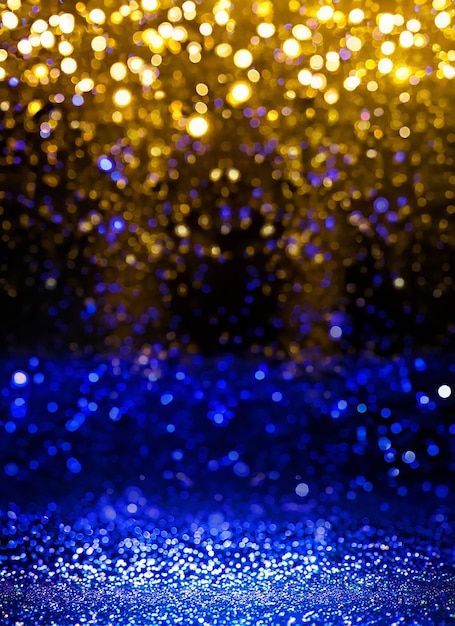 Foto fondo de luces brillantes abstractas doradas, azules y negras desenfocadas