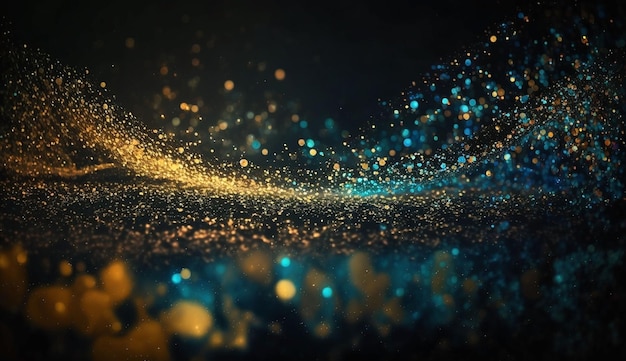 Fondo de luces brillantes abstractas oro azul y bandera de enfoque negro