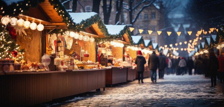 Fondo de luces centelleantes del mercado navideño IA generativa