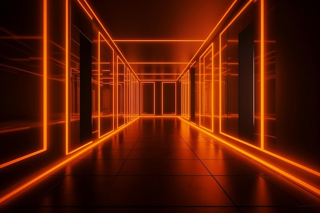 Fondo de luces de neón abstracto de renderizado 3d con habitación beige y naranja vacía generada por IA