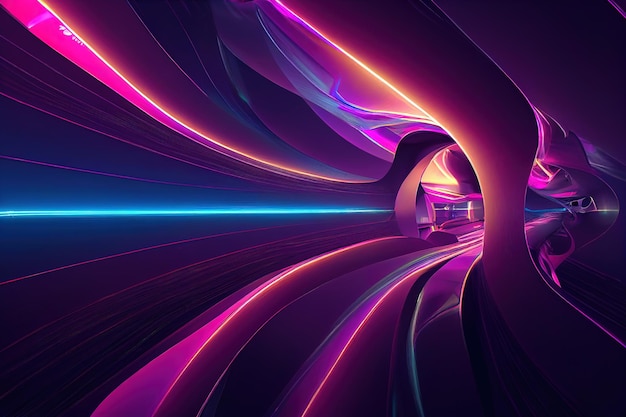 Fondo de luces de neón de túnel abstracto curvas violetas efecto de movimiento ilustración digital