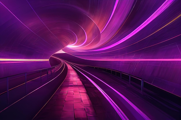 Fondo de luces de neón de túnel abstracto curvas violetas efecto de movimiento ilustración digital