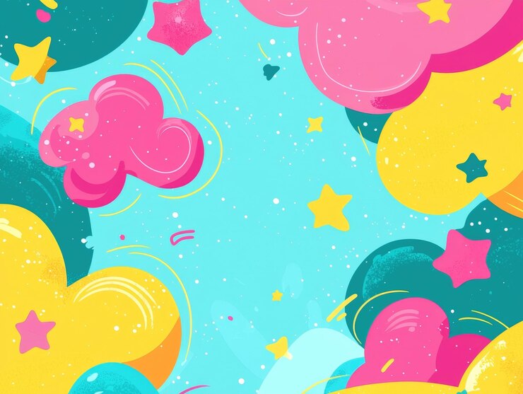 Un fondo lúdico de dibujos animados con globos, estrellas y nubes de colores pastel vibrantes