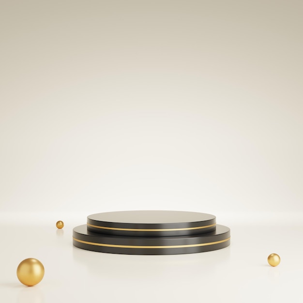 Fondo de lujo de oro negro en forma de podio con bola de oro para promover ventas y marketing 3d render