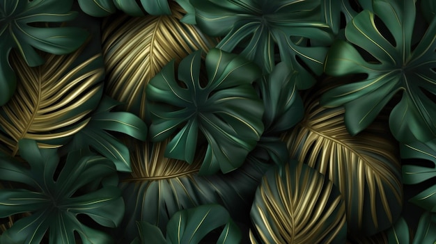 Foto fondo de lujo verde y dorado con hojas tropicales ilustración ai generativexd