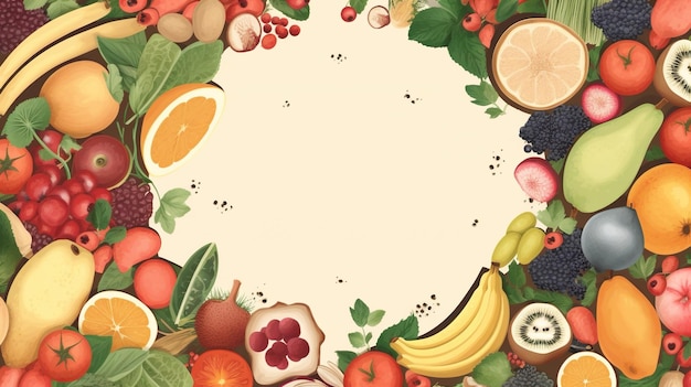 Fondo luminoso de ilustración generativa de IA lleno de varios tipos de frutas y un centro