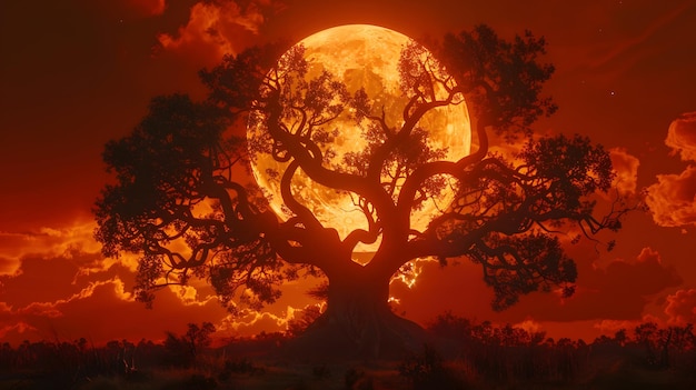 Fondo de luna llena de Halloween con árbol aterrador Ilustración de renderización 3D