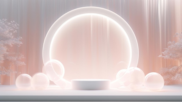 Fondo de luz archneon blanco mínimo con podio de mármol en el agua entre las burbujas de esfera de vidrio para la presentación de productos y cosméticos renderización realista en 3D