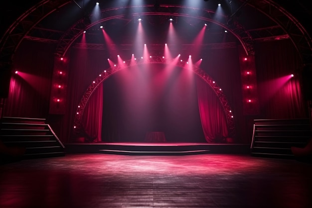 El fondo de luz del escenario del teatro con reflectores iluminó el escenario para una actuación apasionada