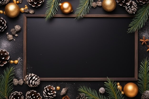 Fondo de luz festiva de Navidad o Año Nuevo Tabla negra de Navidad enmarcada con decoraciones de la temporada Create