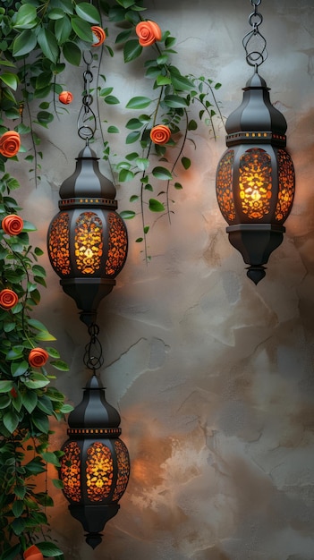 fondo de luz minimalista con linternas tradicionales 3D en la esquina superior vibraciones de Ramadán