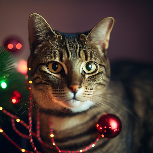 Fondo de luz de navidad de retrato de gato