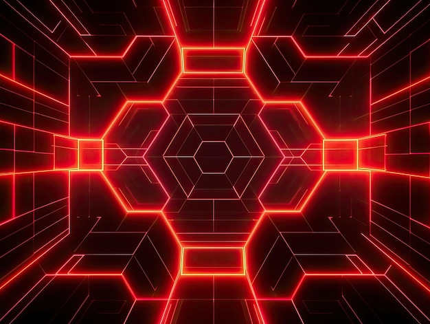 Fondo de luz de neón geométrico de rejilla roja colorida arquitectura de construcción de tecnología cibernética