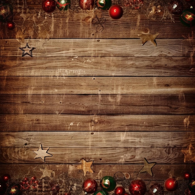 Fondo de madera arafado con decoraciones navideñas y estrellas y un espacio en blanco para el texto generativo ai