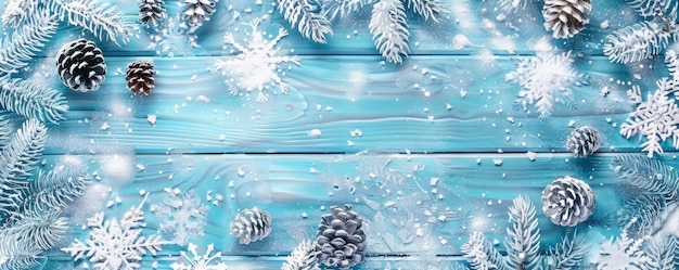 fondo de madera azul claro con nieve y conos de pino copos de nieve decoraciones de Navidad