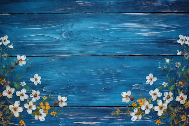 Un fondo de madera azul con flores.