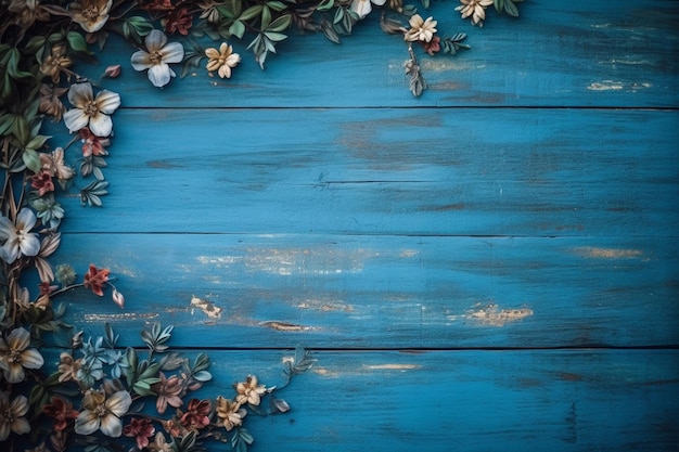 Un fondo de madera azul con flores.