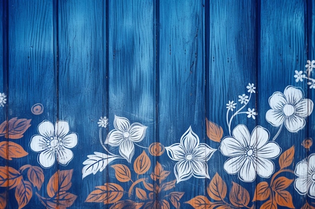 Un fondo de madera azul con flores.