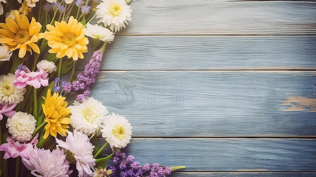 Un fondo de madera azul con flores.