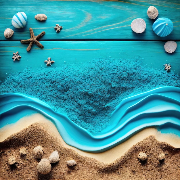 Fondo de madera azul con olas de conchas marinas y arena de playa IA generativa