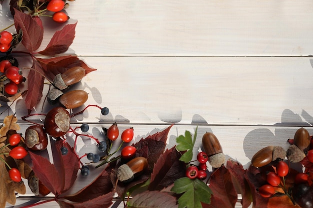 fondo de madera blanca con marco de hojas de otoño y espacio de copia