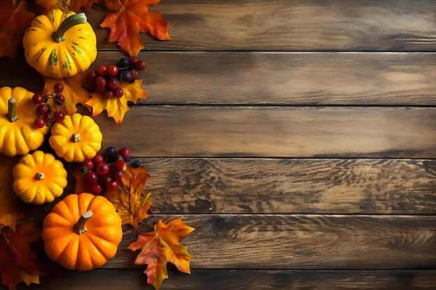 Un fondo de madera con calabazas y hojas