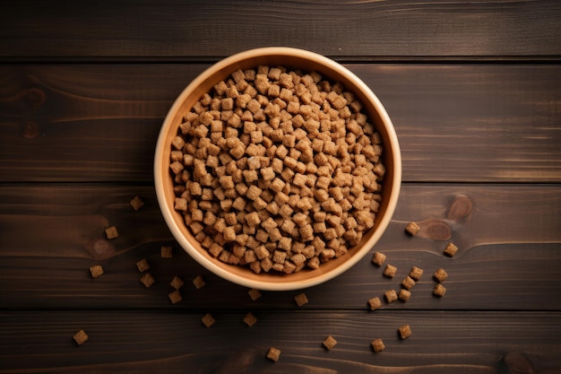 Fondo de madera con comida seca para perros en un recipiente visto desde arriba