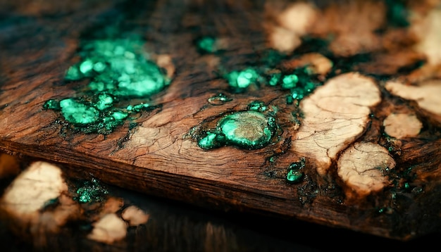 Fondo de madera y epoxi verde Árbol viejo Ilustración 3D