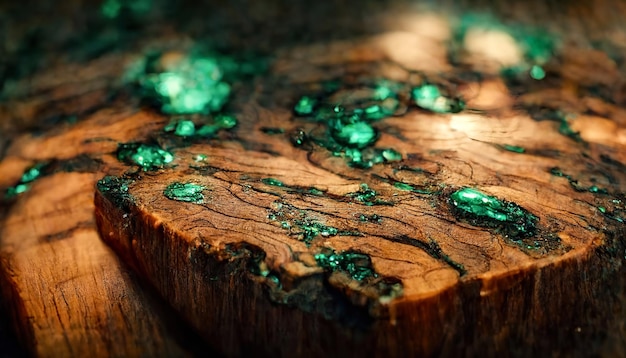 Fondo de madera y epoxi verde Árbol viejo Ilustración 3D