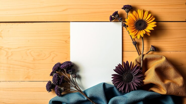 Fondo de madera de estilo plano con papel A4 en blanco rodeado de flores y telas oscuras secas