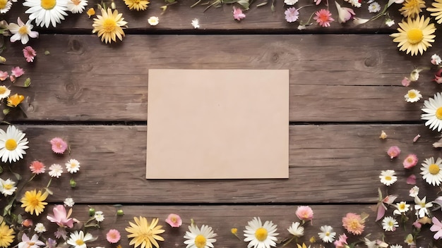 fondo de madera con flores con nota de papel espacio vacío para el mensaje de saludo amor y saludo diseño de concepto de imagen generada por IA ai