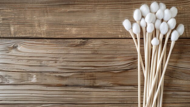 Fondo de madera con hisopos de algodón blancos para la higiene