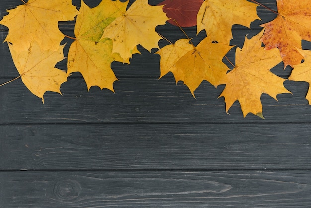 Fondo de madera con hojas de otoño amarillo