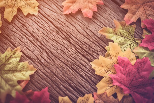 Foto fondo de madera con hojas de otoño