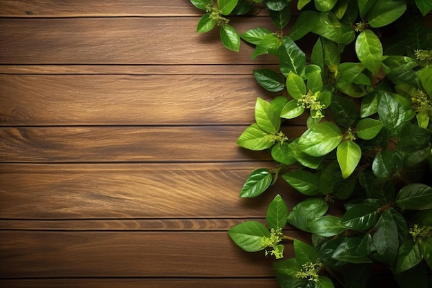 Un fondo de madera con hojas verdes y una planta.