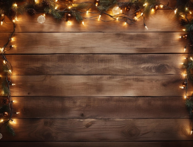 Fondo de madera con luces de Navidad