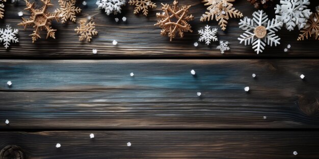 Fondo de madera de Navidad con copos de nieve y luces