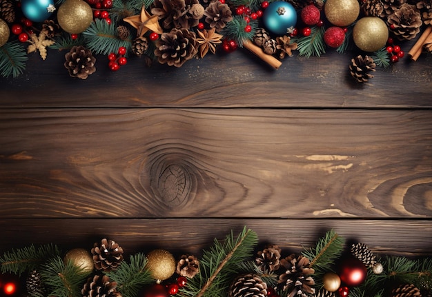 Fondo de madera de Navidad y Feliz Año Nuevo con bolas y adornos navideños Espacio de copia de vista superior IA generativa