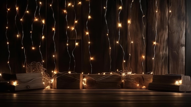 Fondo de madera oscura con luces navideñas Ilustración AI GenerativexDxA