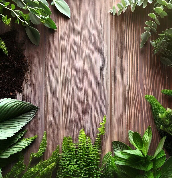 Un fondo de madera con plantas y plantas.