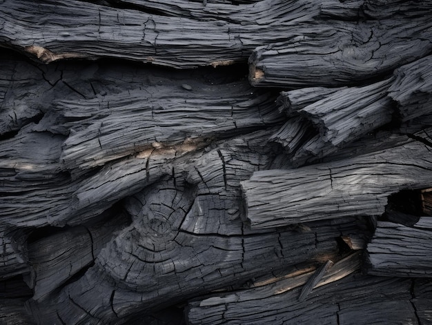 Bajo fondo de madera quemada con textura de carbón de leña con textura leña con grietas bajo fondo de árbol carbonizado