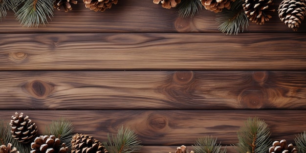 Fondo de madera con ramas de abeto y piñas vacaciones navideñas IA generativa